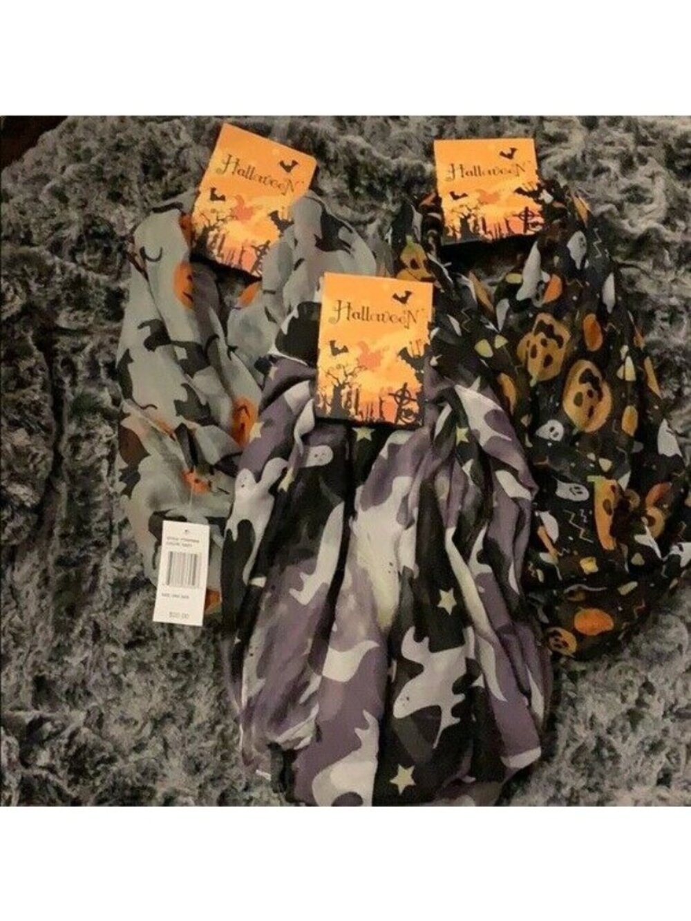 Ghost, Pumpkin & Cat Halloween-Themed Infinity Scarves - Set of 3